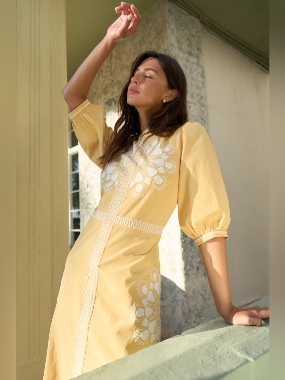 Sunshine Yellow Embroidered Long Sleeve Midi Dress